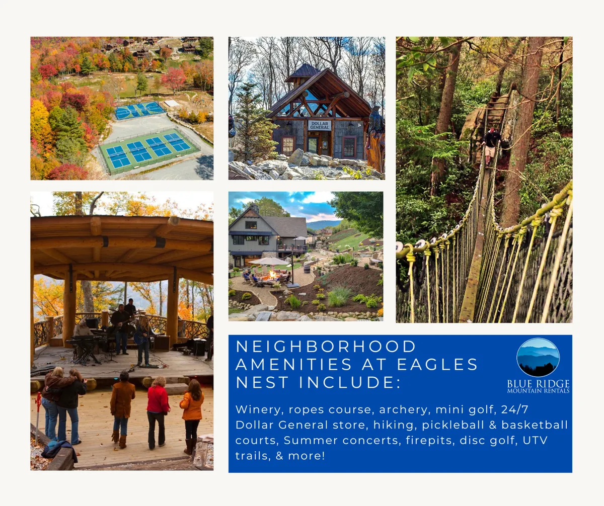 This exterior image features a vibrant swimming pool area adjacent to a ropes course, a wooden deck, and trails winding into the forest. The scene is lively and clearly geared toward a range of outdoor activities, making it ideal for families. You can imagine children playing mini-golf, families embarking on a hike, or groups enjoying summer concerts in the resort setting. The environment is bustling yet relaxed, set against a lush green backdrop perfect for exploration and fun.